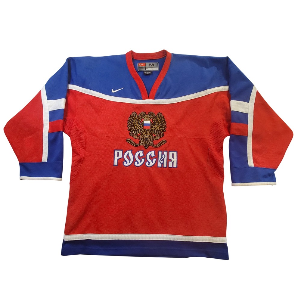 Nike Team Russia Hockey Jersey Mens Medium Red Blue White Embroidered Crest
